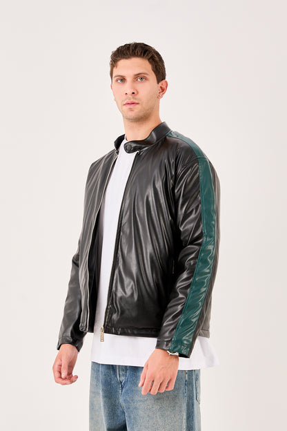 X-2016 Mens Biker Jacket Faux Leather Black with Dark Green Stripe