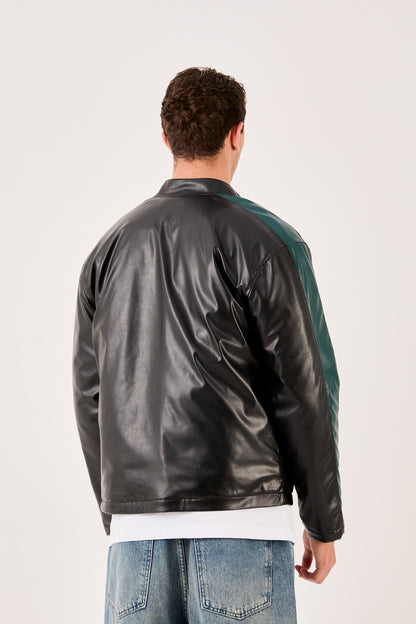 X-2016 Mens Biker Jacket Faux Leather Black with Dark Green Stripe