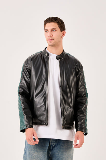 X-2016 Mens Biker Jacket Faux Leather Black with Dark Green Stripe