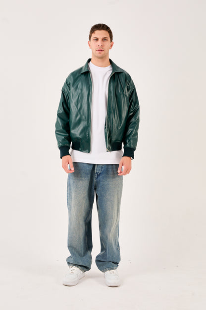 X-2015 Mens Bomber Jacket Dark Green Zip Front Shirt Collar Ribbed Hem