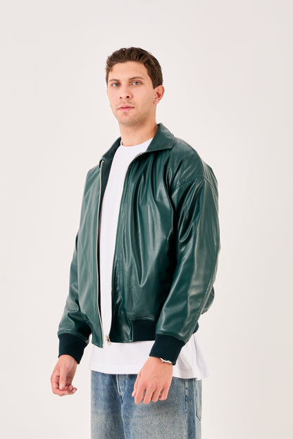 X-2015 Mens Bomber Jacket Dark Green Zip Front Shirt Collar Ribbed Hem