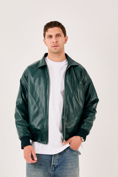 X-2015 Mens Bomber Jacket Dark Green Zip Front Shirt Collar Ribbed Hem