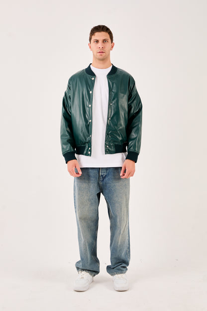 X-2018 X-2018 Mens Snap Button Faux Leather Jacket DARK GREEN Bomber Style