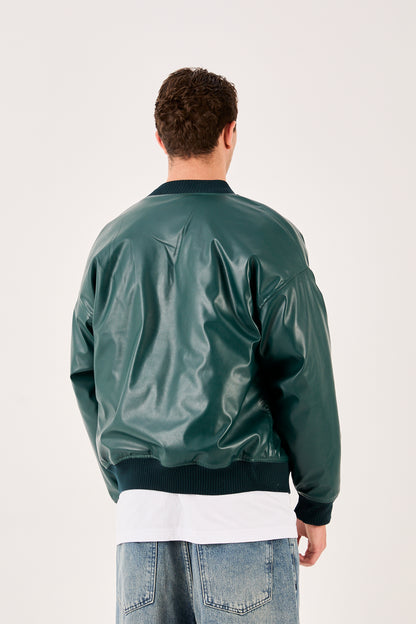 X-2018 X-2018 Mens Snap Button Faux Leather Jacket DARK GREEN Bomber Style
