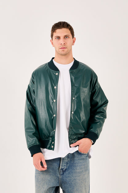 X-2018 X-2018 Mens Snap Button Faux Leather Jacket DARK GREEN Bomber Style