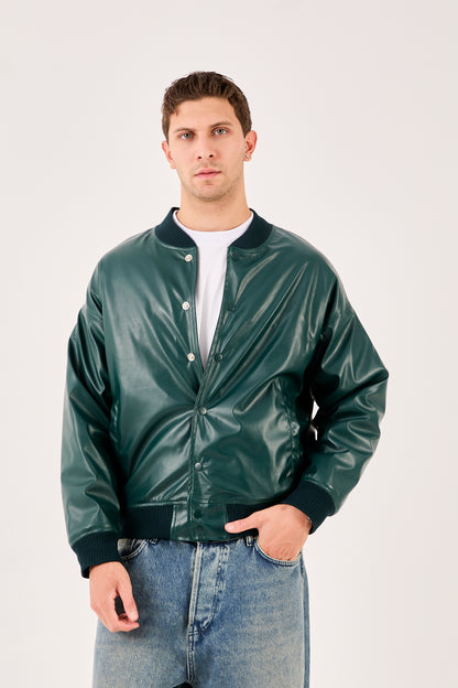 X-2018 X-2018 Mens Snap Button Faux Leather Jacket DARK GREEN Bomber Style