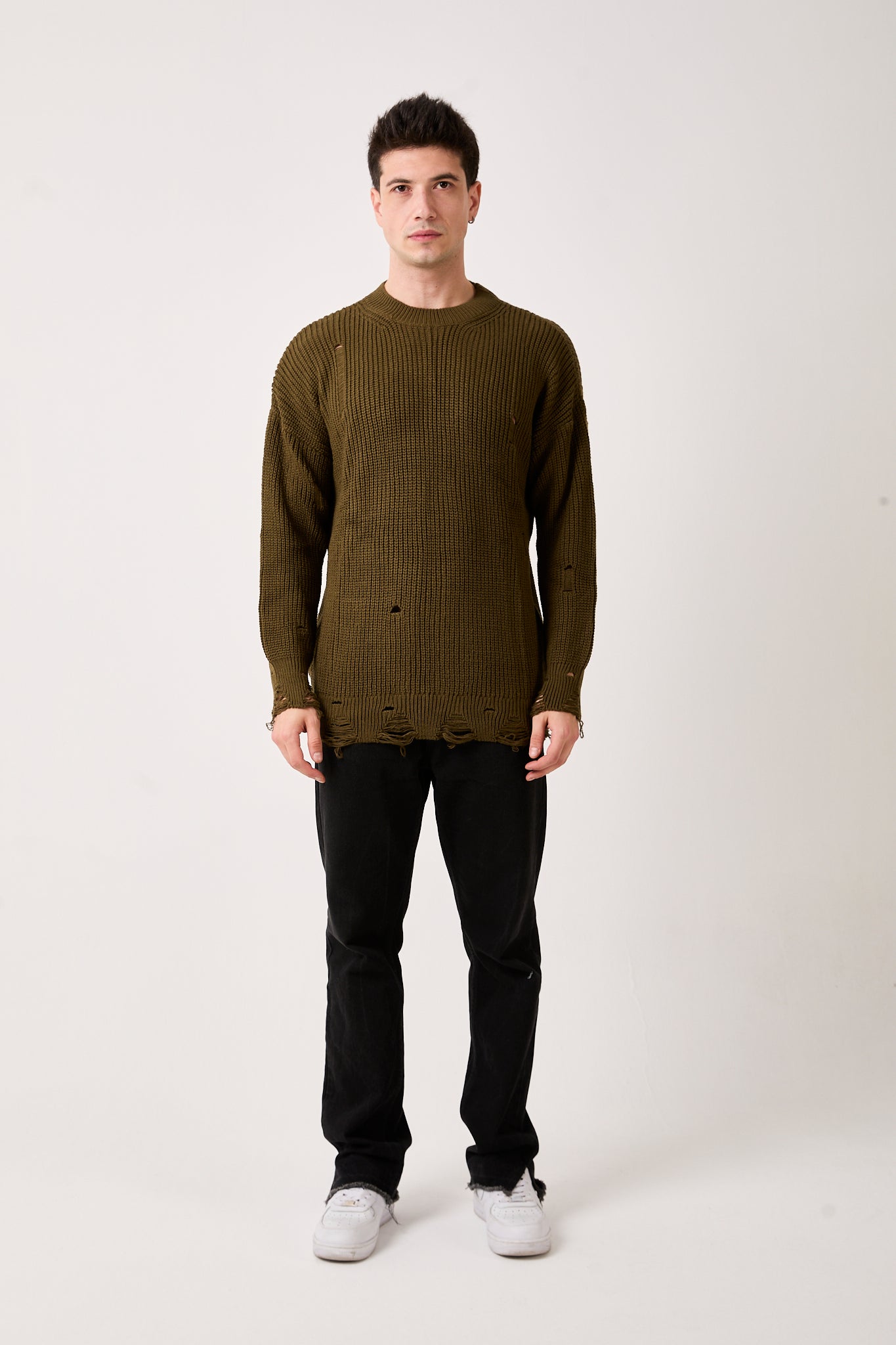 07 – Khaki Distressed Knit Sweater 5770 – Black Faux Leather Jacket