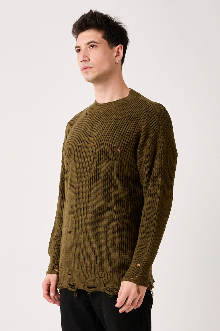 07 – Khaki Distressed Knit Sweater 5770 – Black Faux Leather Jacket