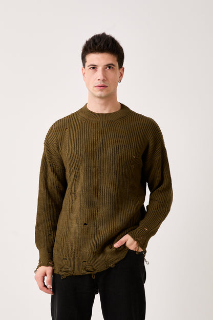 07 – Khaki Distressed Knit Sweater