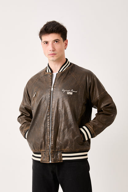 5858 GRW “Growing Star” Varsity Leather Bomber Jacket – Brown