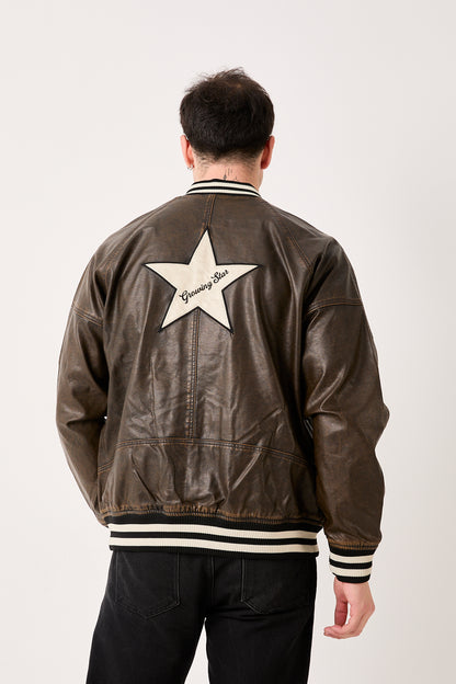 5858 GRW “Growing Star” Varsity Leather Bomber Jacket – Brown