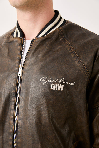 5858 GRW “Growing Star” Varsity Leather Bomber Jacket – Brown