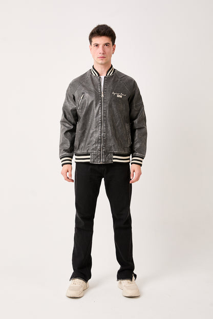 5858 GRW “Growing Star” Varsity Leather Bomber Jacket – Gray