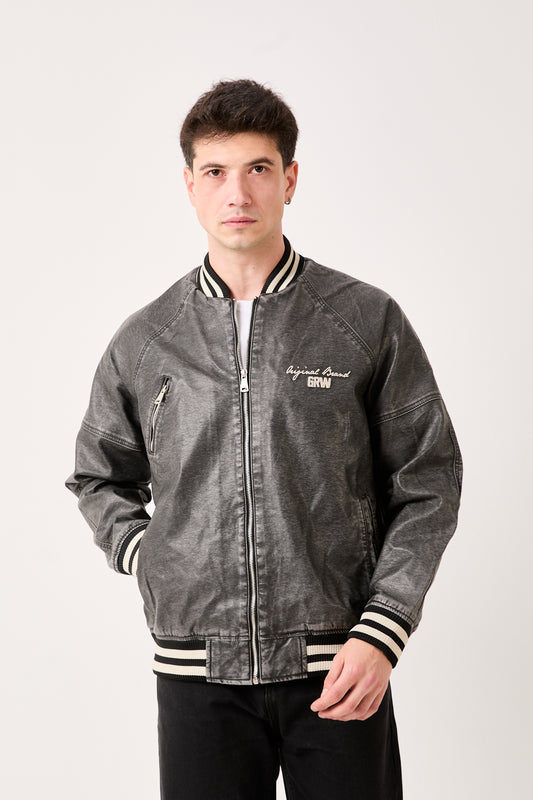 5858 GRW “Growing Star” Varsity Leather Bomber Jacket – Gray