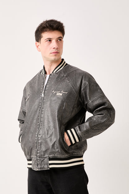 5858 GRW “Growing Star” Varsity Leather Bomber Jacket – Gray