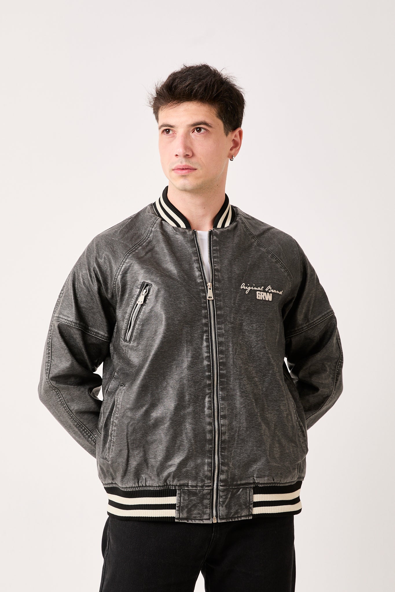 5858 GRW “Growing Star” Varsity Leather Bomber Jacket – Gray