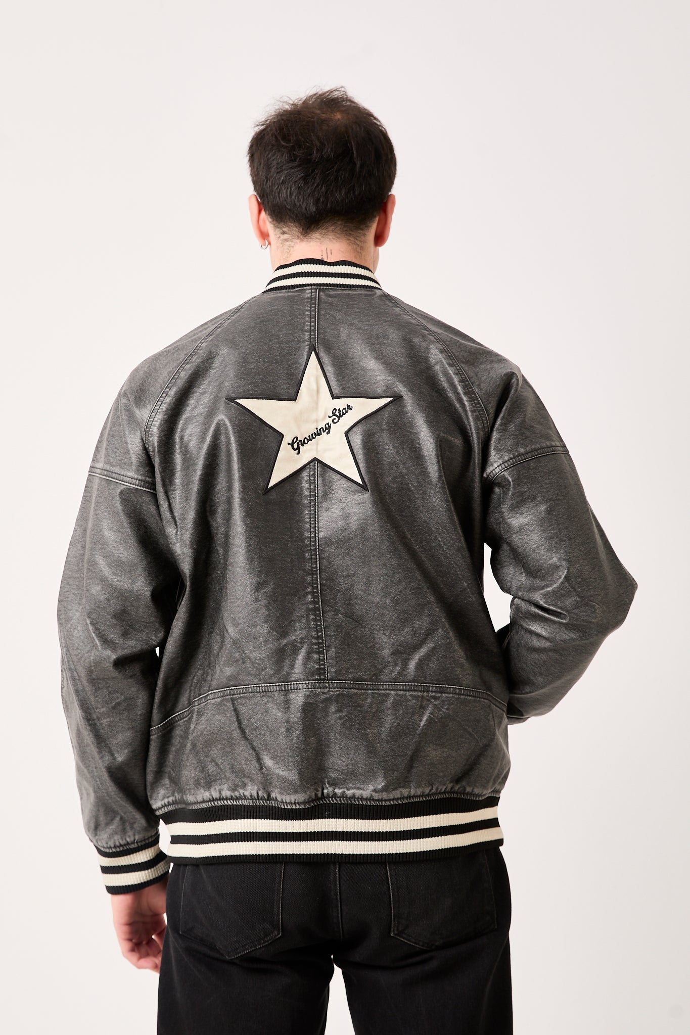 5858 GRW “Growing Star” Varsity Leather Bomber Jacket – Gray