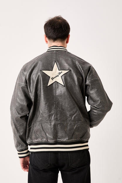 5858 GRW “Growing Star” Varsity Leather Bomber Jacket – Gray
