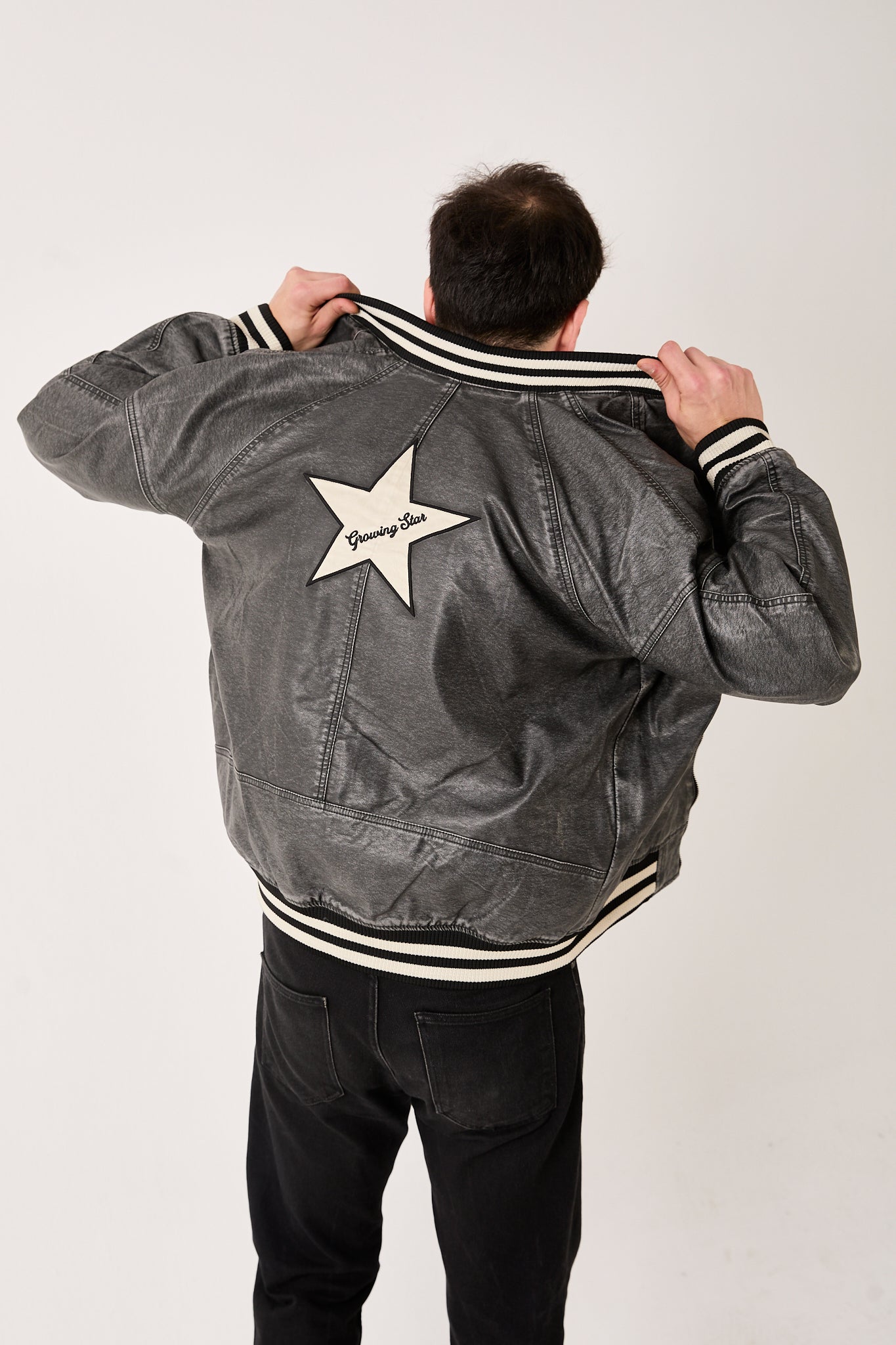 5858 GRW “Growing Star” Varsity Leather Bomber Jacket – Gray