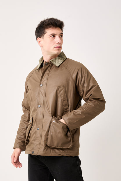 Khaki Waxed Jacket with Corduroy Collar – 5850