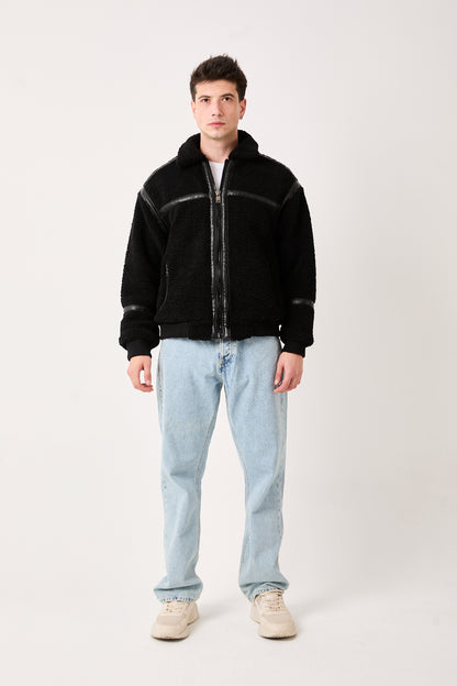 5822 – Black Sherpa Jacket with Faux Leather Details