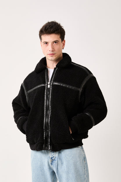 5822 – Black Sherpa Jacket with Faux Leather Details