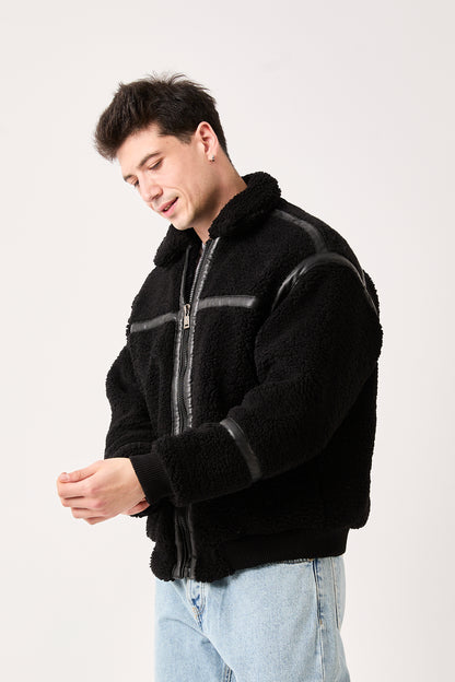 5822 – Black Sherpa Jacket with Faux Leather Details