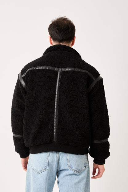 5822 – Black Sherpa Jacket with Faux Leather Details