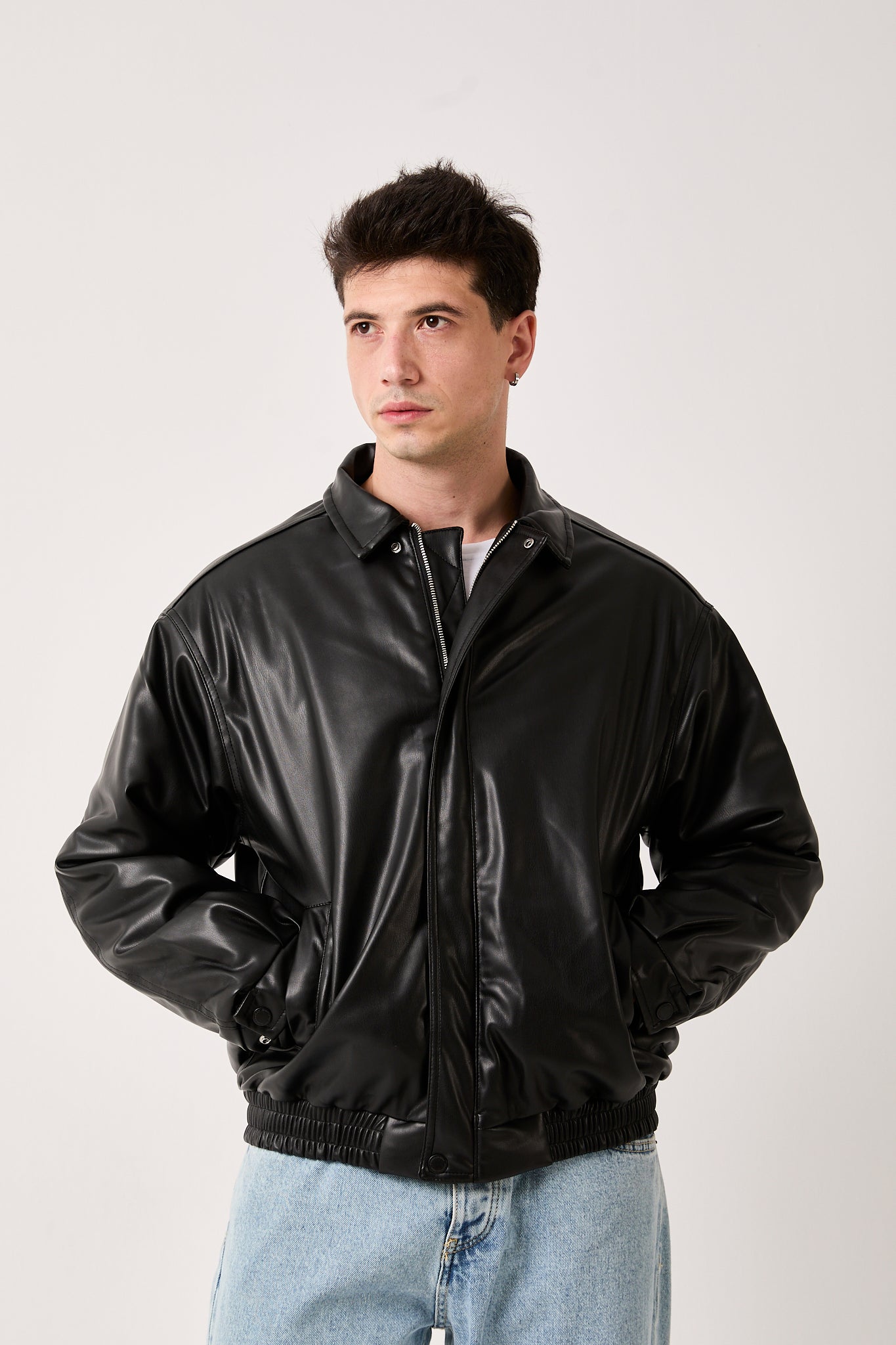 07 – Khaki Distressed Knit Sweater 5770 – Black Faux Leather Jacket