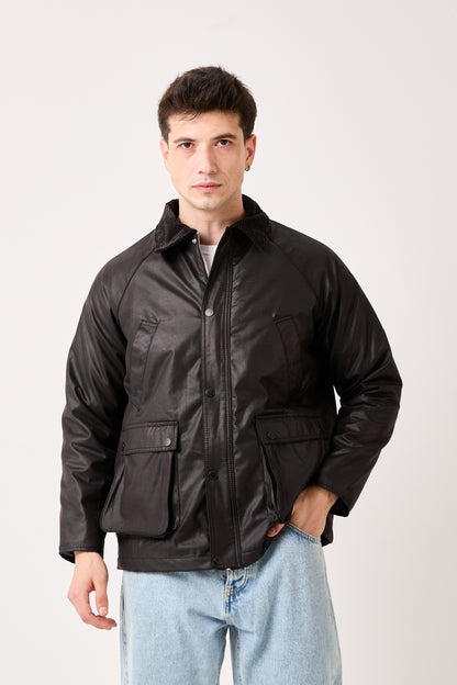 Black Waxed Jacket with Corduroy Collar – 5850