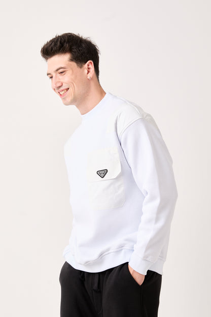 X-4006 Oversized Sweatshirt with Zipped Pocket – White | 3-Thread Brushed Fleece