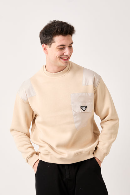 X-4006 Oversized Sweatshirt with Zipped Pocket – Beige | 3-Thread Brushed Fleece