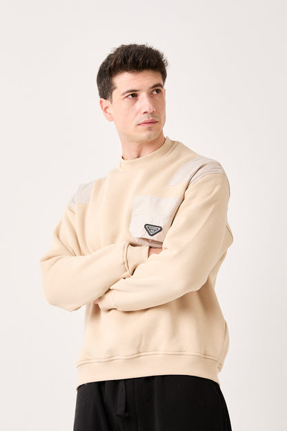 X-4006 Oversized Sweatshirt with Zipped Pocket – Beige | 3-Thread Brushed Fleece