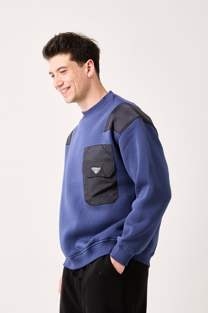 X-4006 Oversized Sweatshirt with Contrast Shoulder Panels & Zipped Chest Pocket – Navy | 3-Thread Brushed Fleece