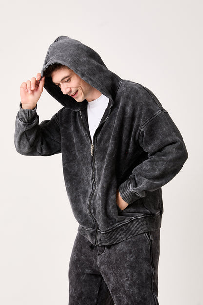 Washed Black Zip-Up Hoodie – X-2002