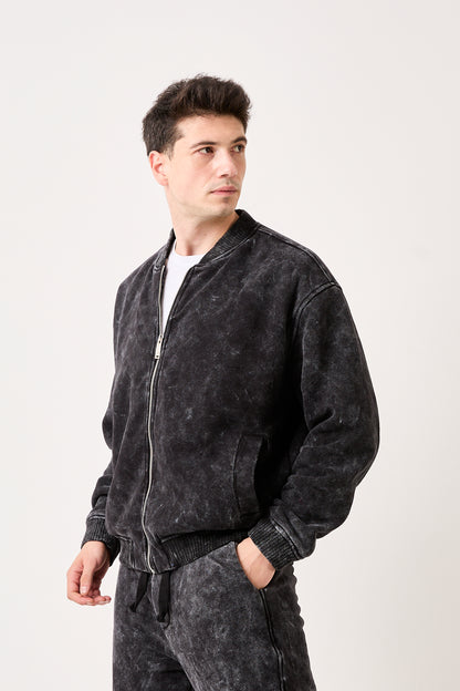 Washed Black Zip-Up Bomber Sweatshirt – X-2003