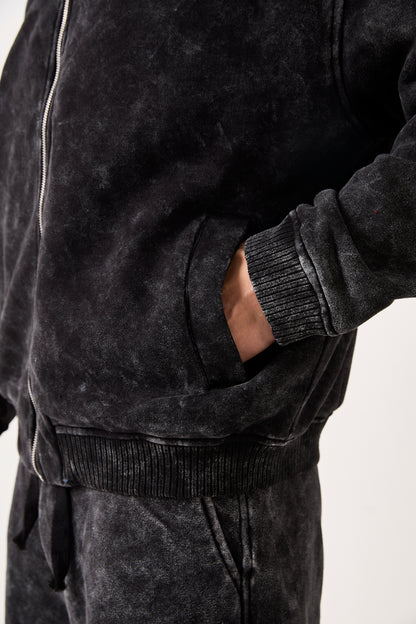 Washed Black Zip-Up Bomber Sweatshirt – X-2003