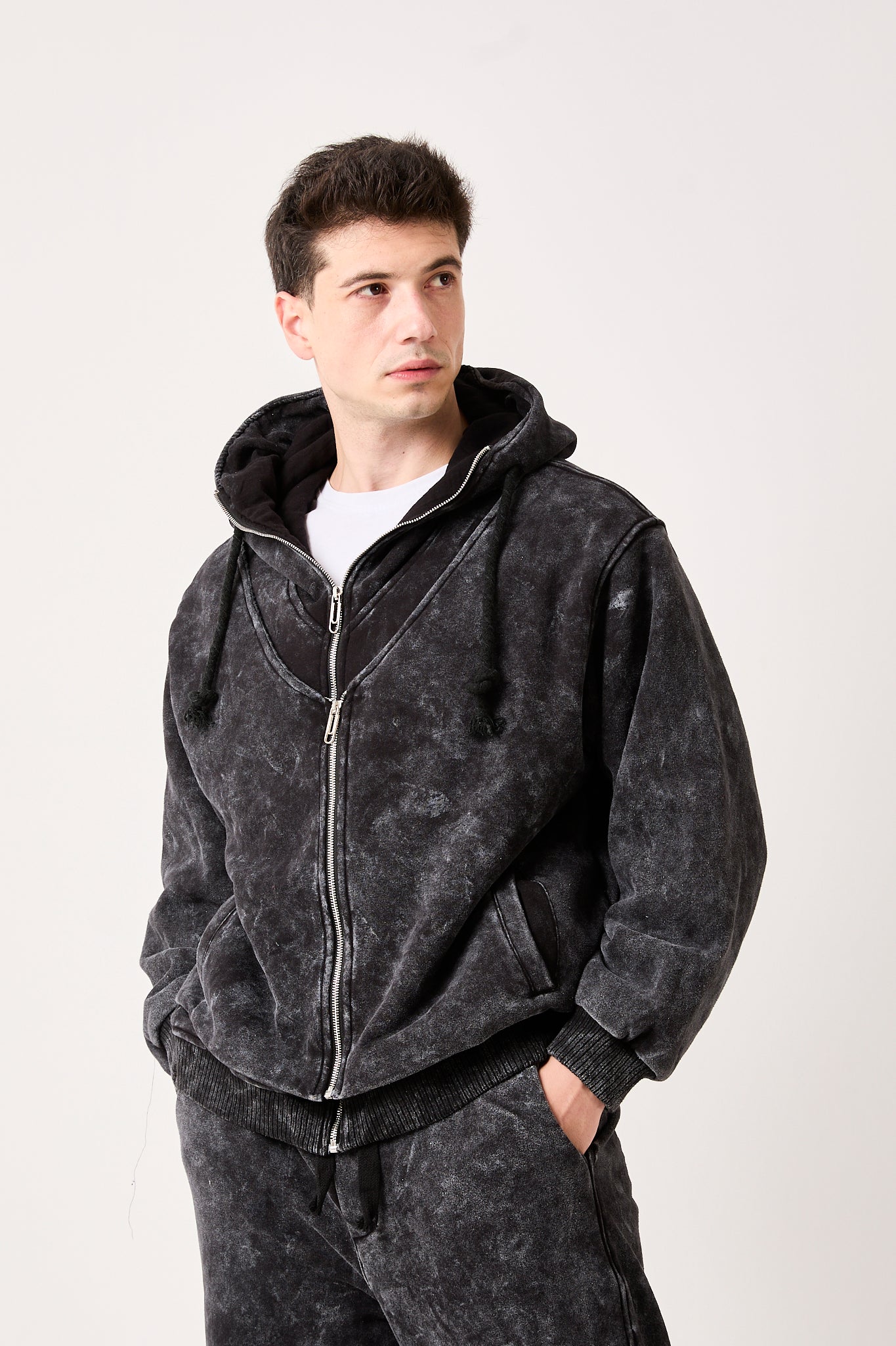 X-4003 Double-Zip Lined Washed Brushed Fleece Jacket X-1003 – Washed Black Wide-Leg Sweatpants