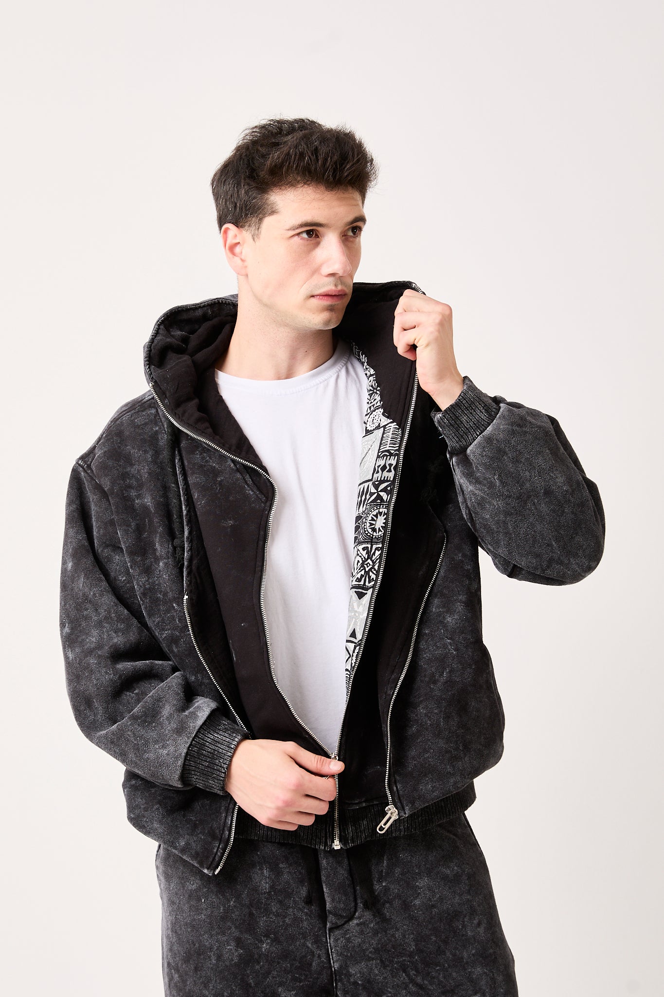 X-4003 Double-Zip Lined Washed Brushed Fleece Jacket X-1003 – Washed Black Wide-Leg Sweatpants