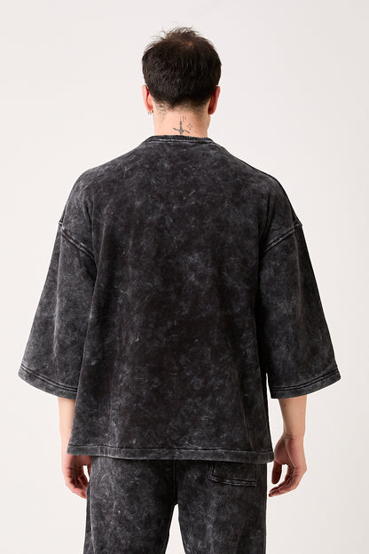 X-4001 – Washed Black ¾ Sleeve Oversized Sweatshirt