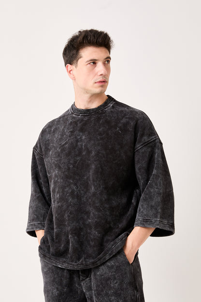 X-4001 – Washed Black ¾ Sleeve Oversized Sweatshirt
