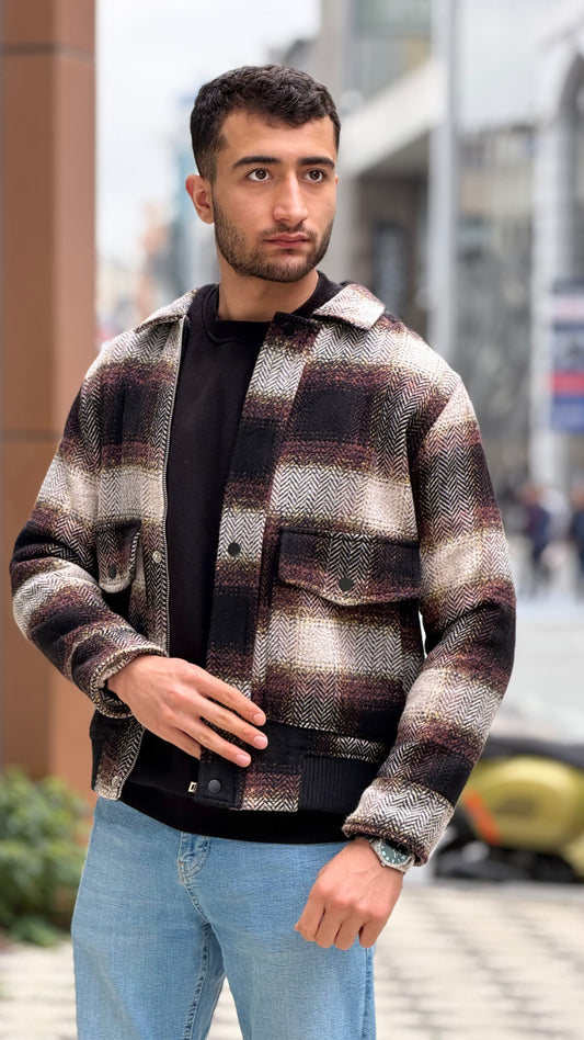 X-2036 Men’s Wool Blend Checked Jacket – Premium Brown/Burgundy Herringbone Pattern