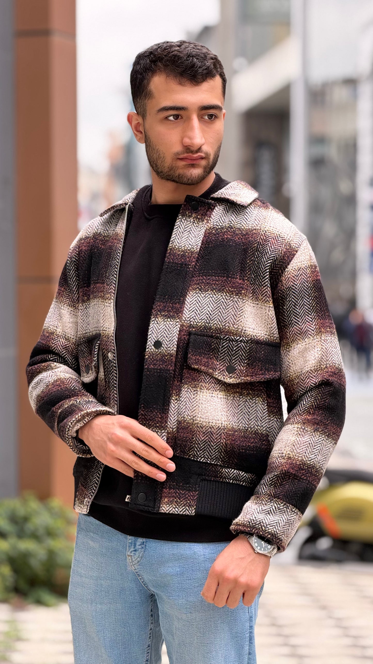 X-2036 Men’s Wool Blend Checked Jacket – Premium Brown/Burgundy Herringbone Pattern