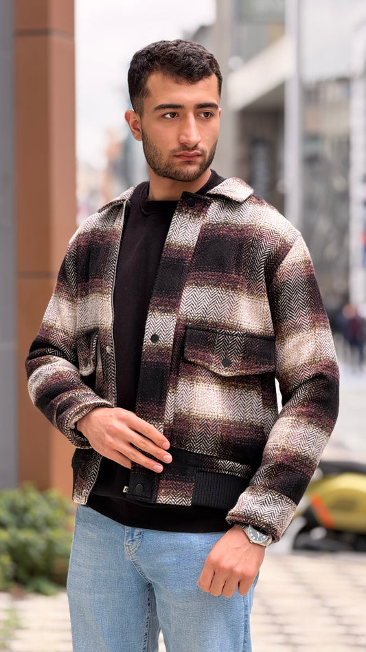 X-2036 Men’s Wool Blend Checked Jacket – Premium Brown/Burgundy Herringbone Pattern