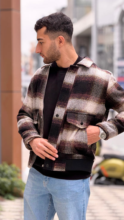 X-2036 Men’s Wool Blend Checked Jacket – Premium Brown/Burgundy Herringbone Pattern