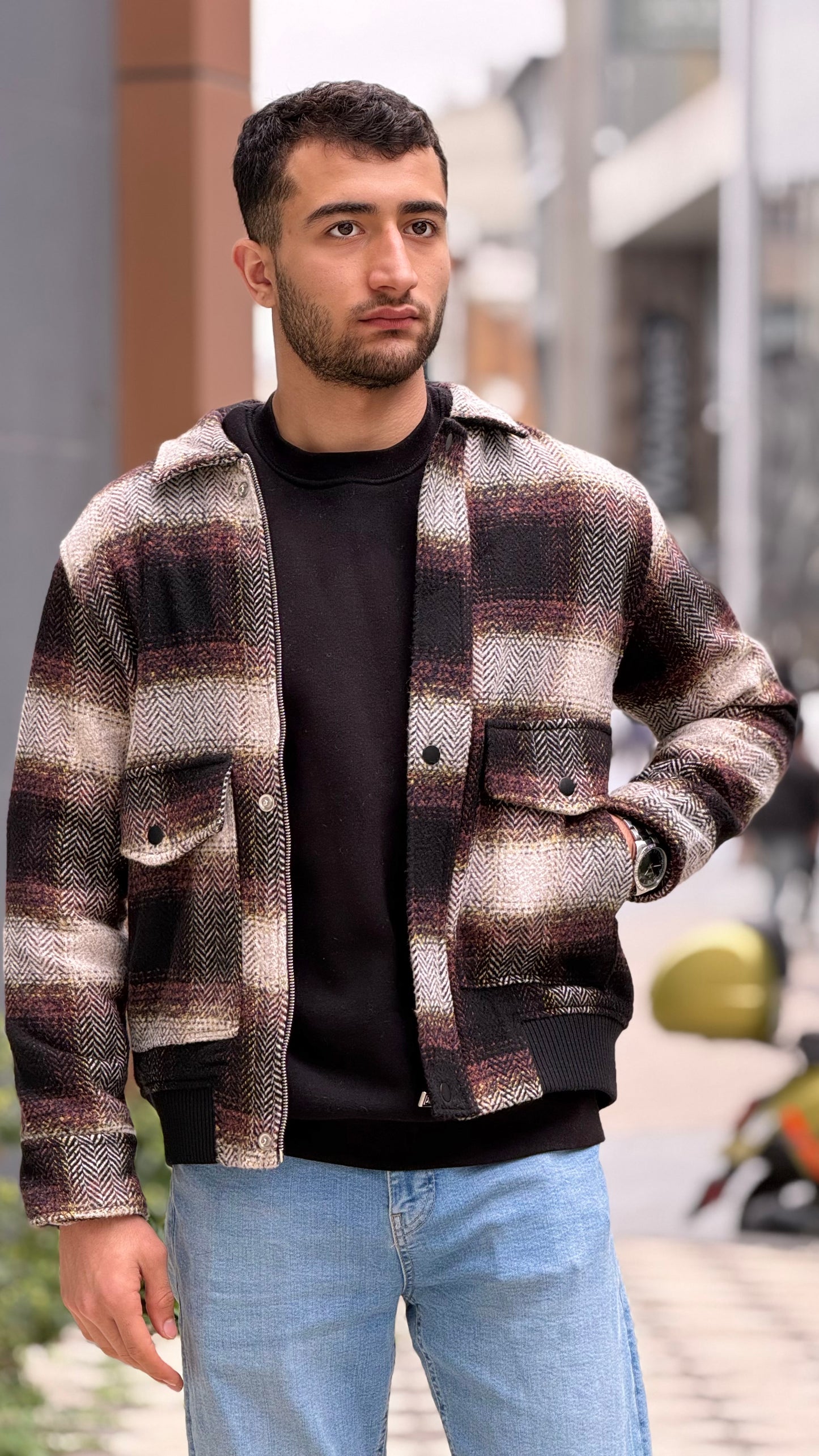X-2036 Men’s Wool Blend Checked Jacket – Premium Brown/Burgundy Herringbone Pattern