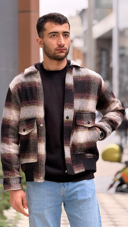 X-2036 Men’s Wool Blend Checked Jacket – Premium Brown/Burgundy Herringbone Pattern