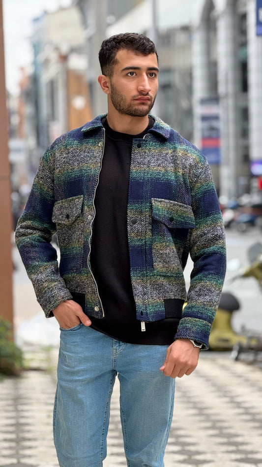 X-2036 Men’s Wool Blend Checked Jacket – Premium Green/Navy Multi-Tone Herringbone Pattern