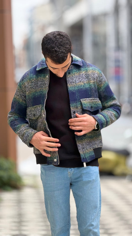 X-2036 Men’s Wool Blend Checked Jacket – Premium Green/Navy Multi-Tone Herringbone Pattern