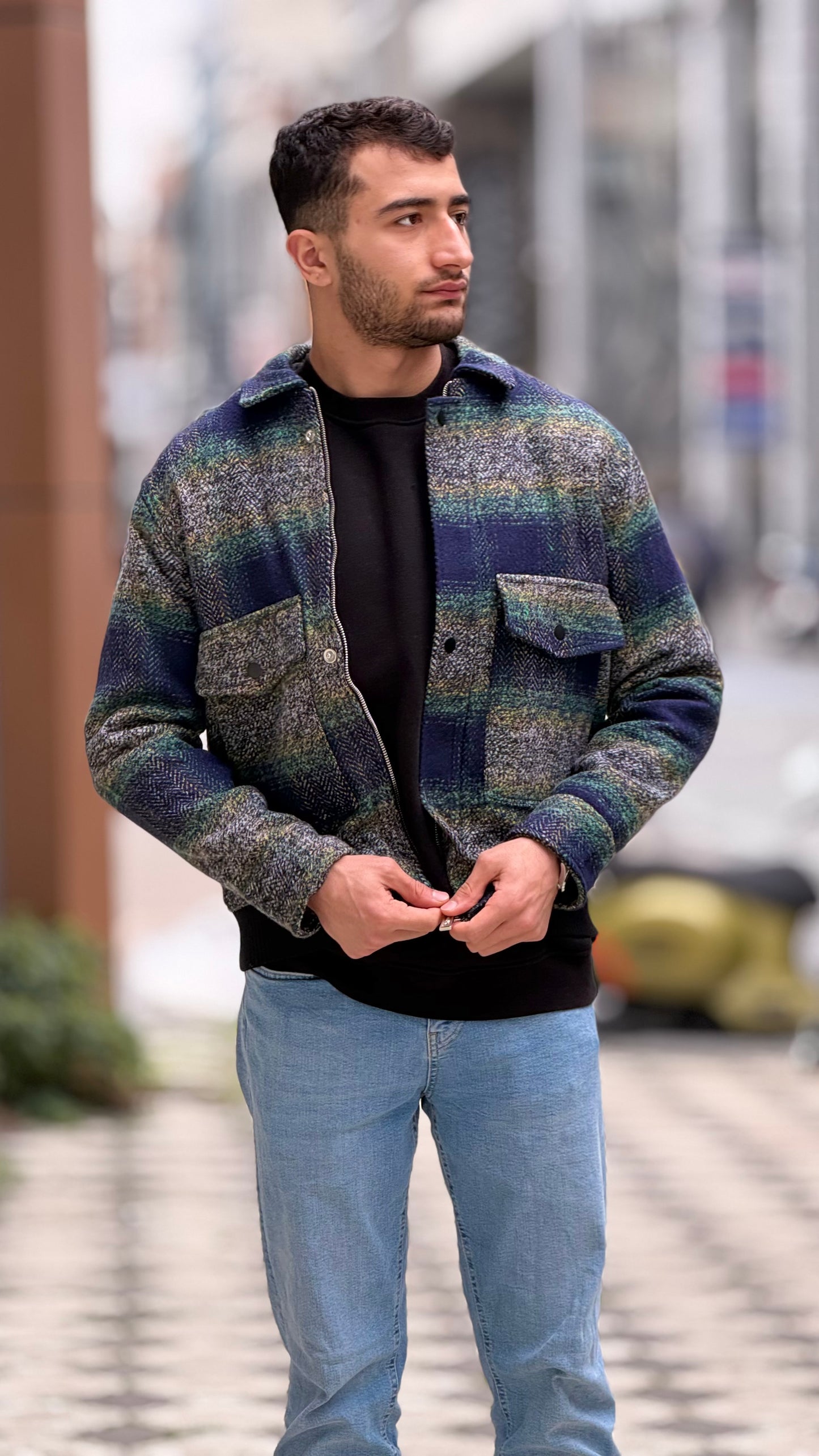 X-2036 Men’s Wool Blend Checked Jacket – Premium Green/Navy Multi-Tone Herringbone Pattern